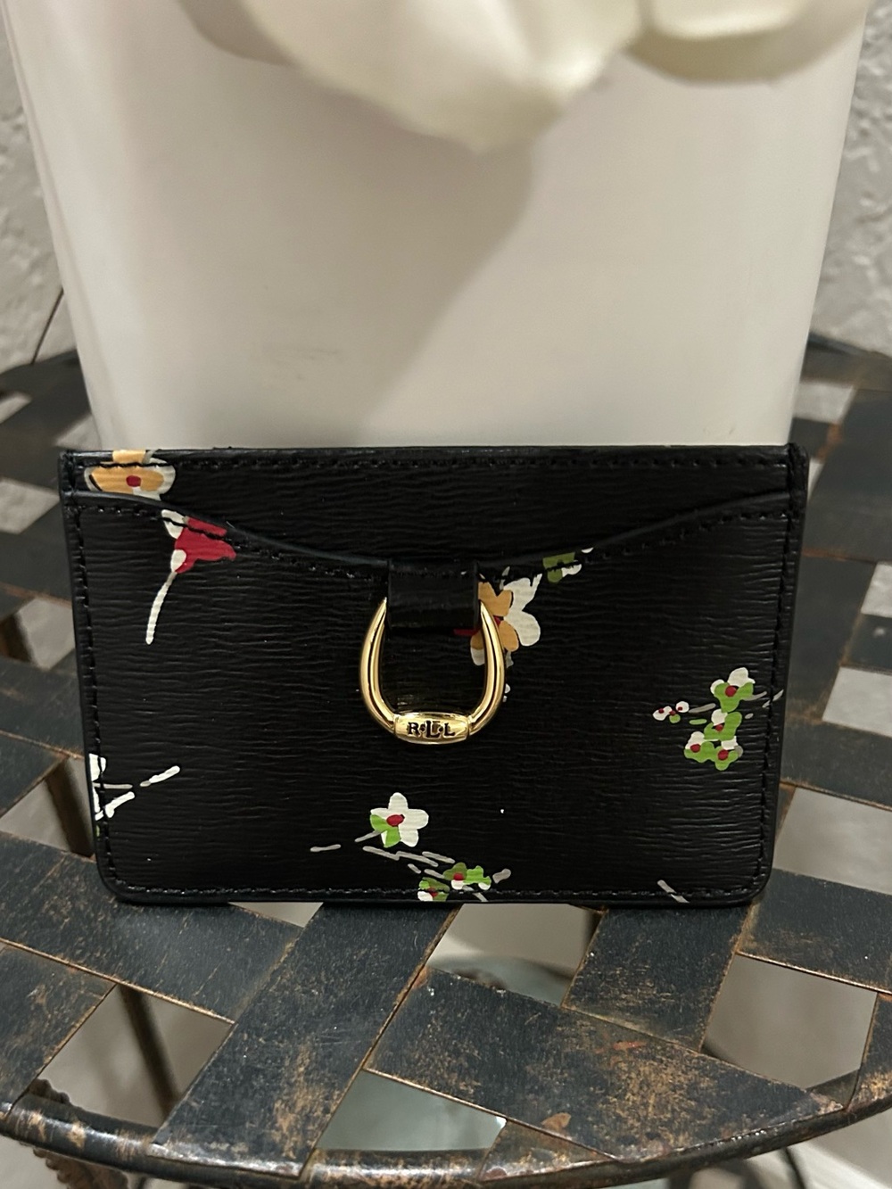 Lauren Ralph Lauren Black Floral Card Case with Gold Ring